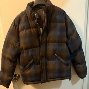 Brown and blue puffer jacket